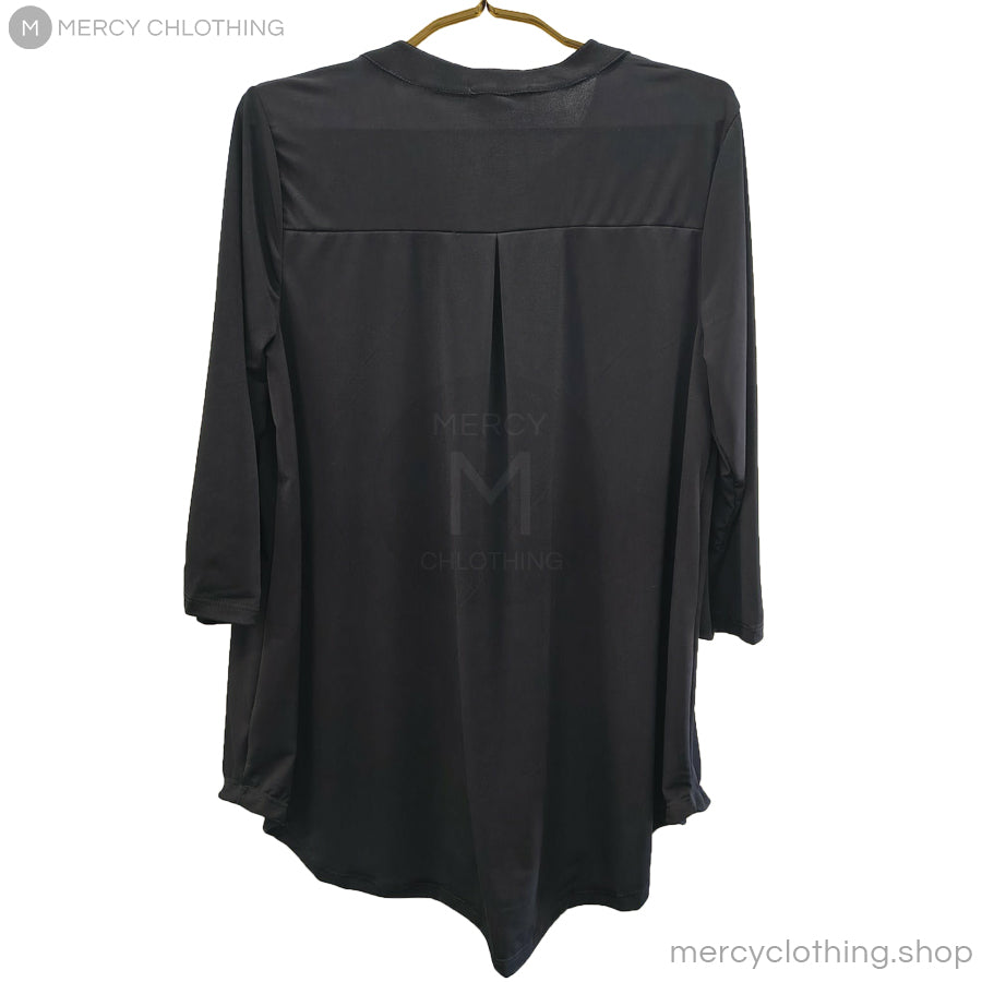 Split-Neck Tunic Blouse with Roll-Tab Sleeves
