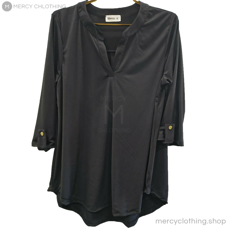 Split-Neck Tunic Blouse with Roll-Tab Sleeves