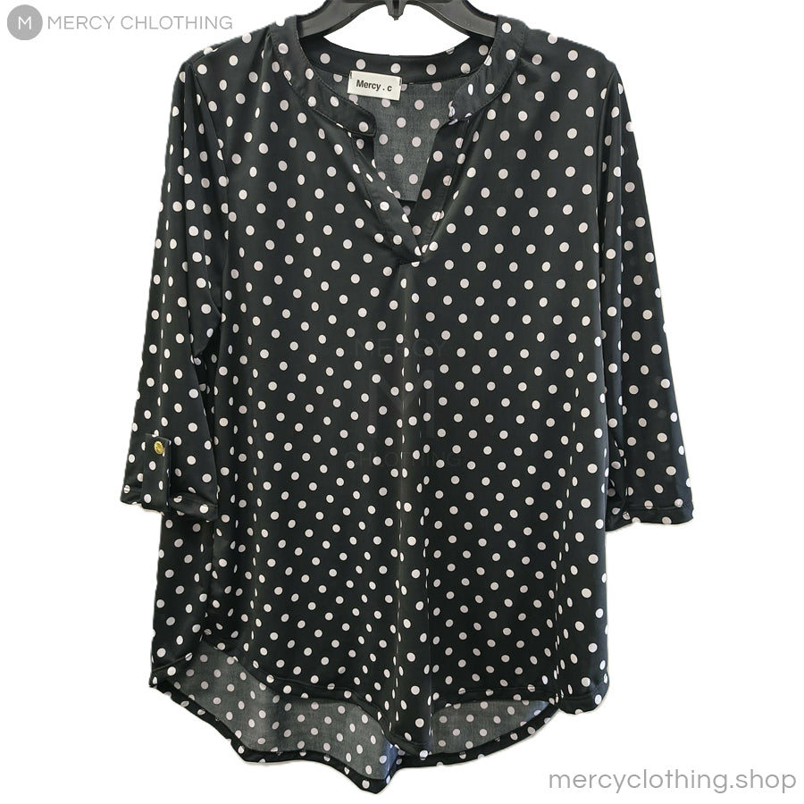 Split-Neck Tunic Blouse with Roll-Tab Sleeves