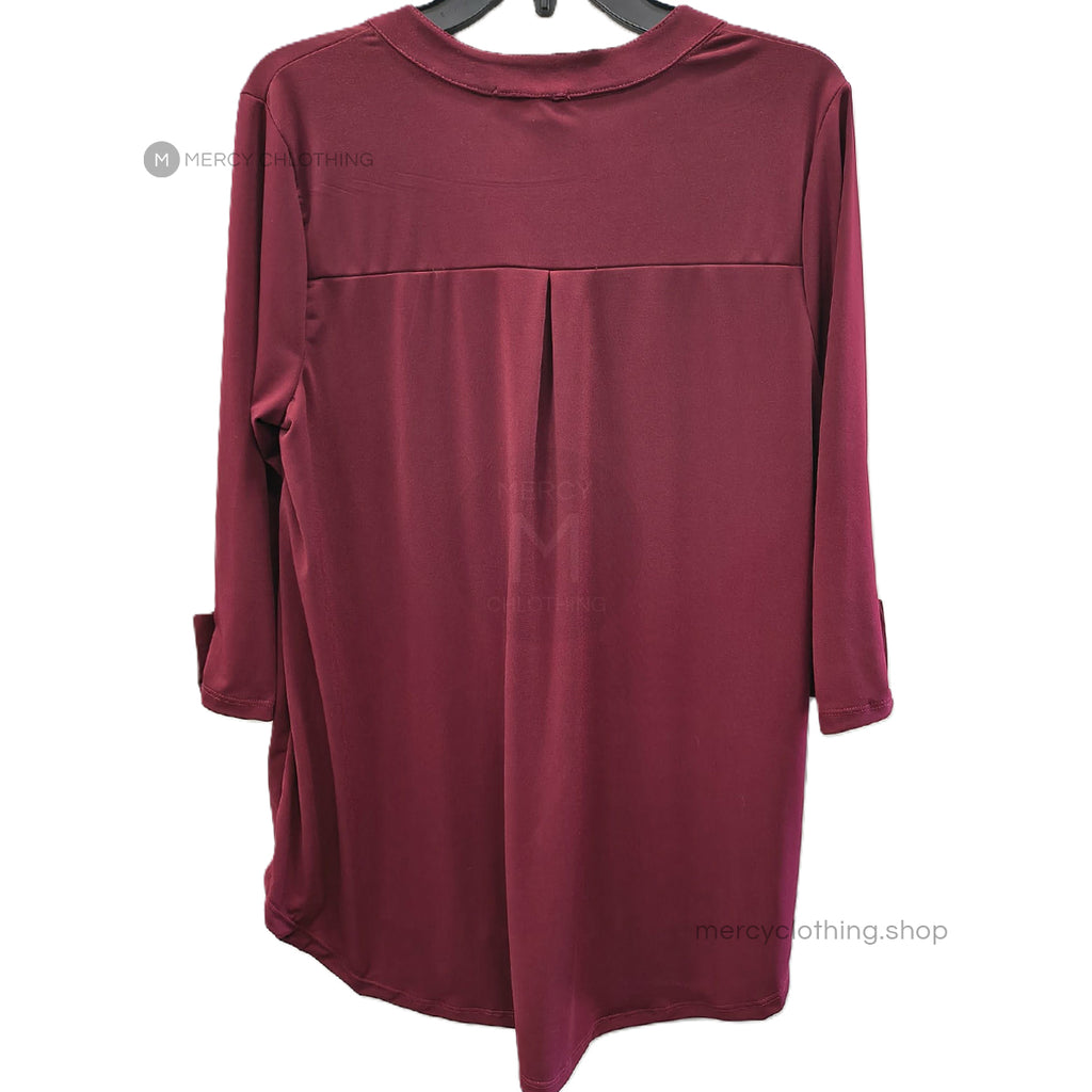 Split-Neck Tunic Blouse with Roll-Tab Sleeves