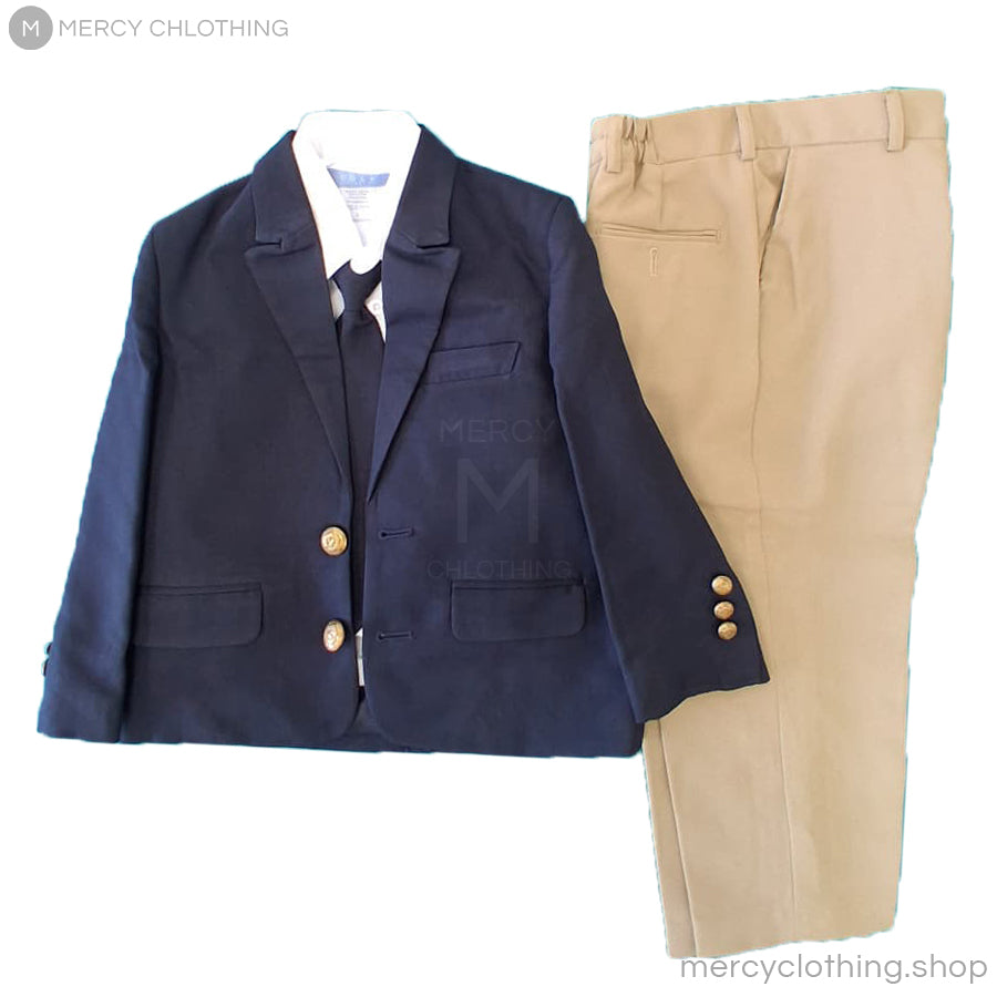 Boy's Formal Navy Blazer & Khaki Pants Suit 4-Piece Set