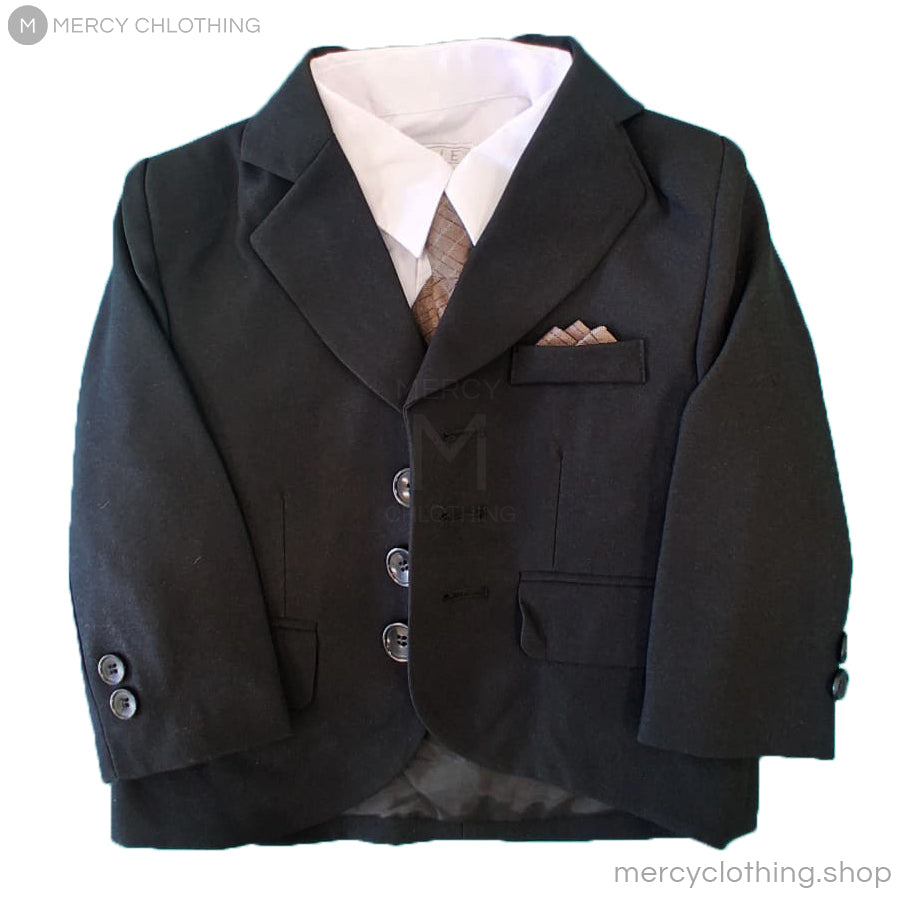 Boy's Formal Black Suit 5-Piece Set (Brown Vest)