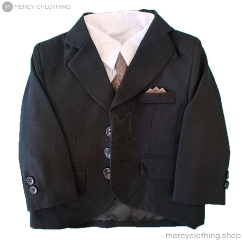 Boy's Formal Black Suit 5-Piece Set (Brown Vest)