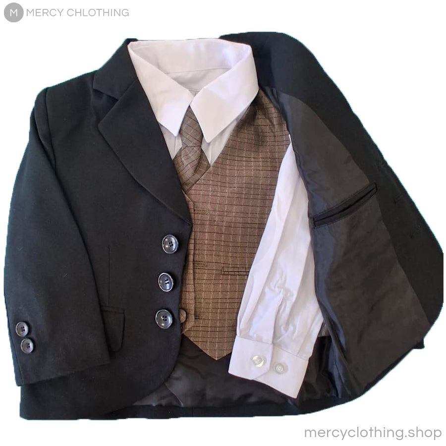 Boy's Formal Black Suit 5-Piece Set (Brown Vest)