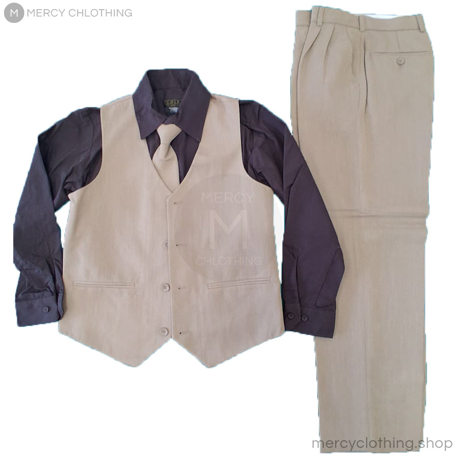 Boy's Formal Beige Vest & Dark Shirt 4-Piece Set