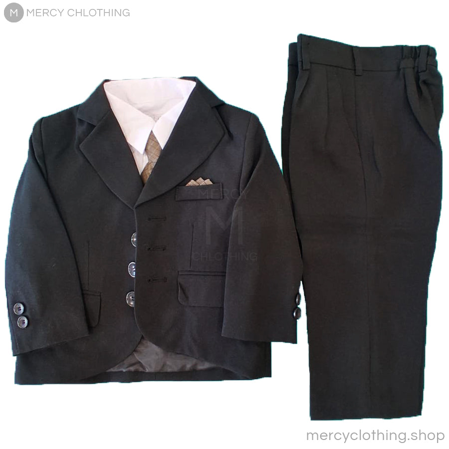 Boy's Formal Black Suit 5-Piece Set (Brown Vest)