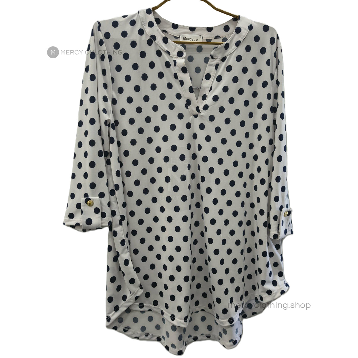 Split-Neck Tunic Blouse with Roll-Tab Sleeves